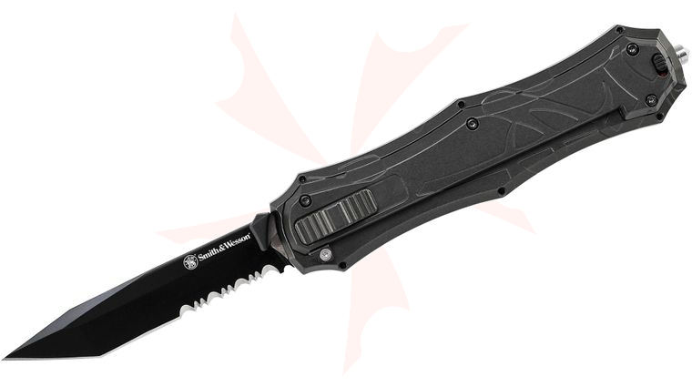 Smith & Wesson SWOTF9BS OTF Assisted 3.6 inch Black Tanto Combo Blade, Black Aluminum Handles