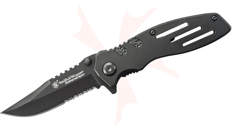 Smith & Wesson Extreme Ops Folding Knife 3.1 inch Black Combo Clip Point Blade, Black Aluminum Handles
