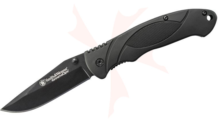 Smith & Wesson Extreme Ops Linerlock 3.3 inch Plain Black Drop Point Blade, Black Aluminum Handles