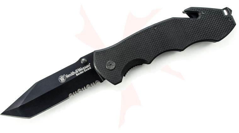 Smith & Wesson Border Guard BG6TS Folding 4.3 inch Black Tanto Combo Blade, G10 Handles