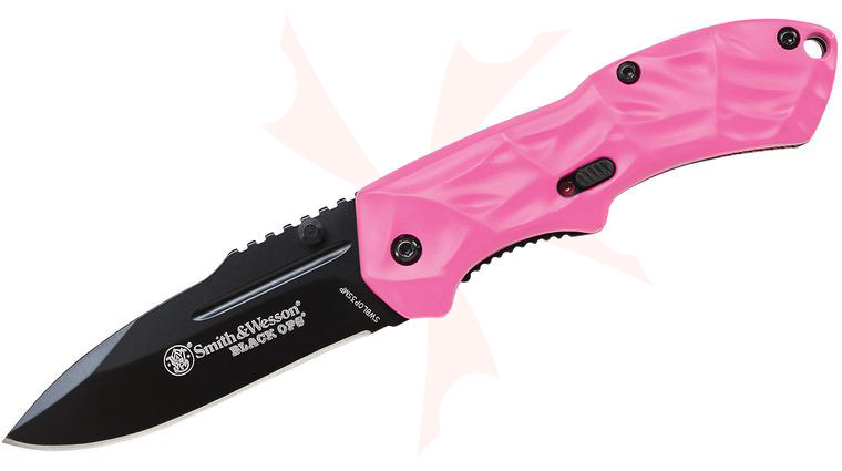 Smith & Wesson Small Black Ops 3 MAGIC Assisted Flipper Knife 2.5 inch Black Plain Drop Point Blade, Pink Aluminum Handles