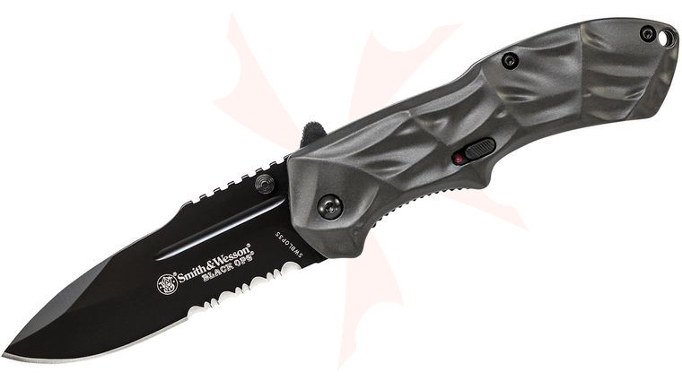 Smith & Wesson Black Ops MAGIC Assisted Flipper Knife 3.4 inch Black Combo Drop Point Blade, Gray Aluminum Handles