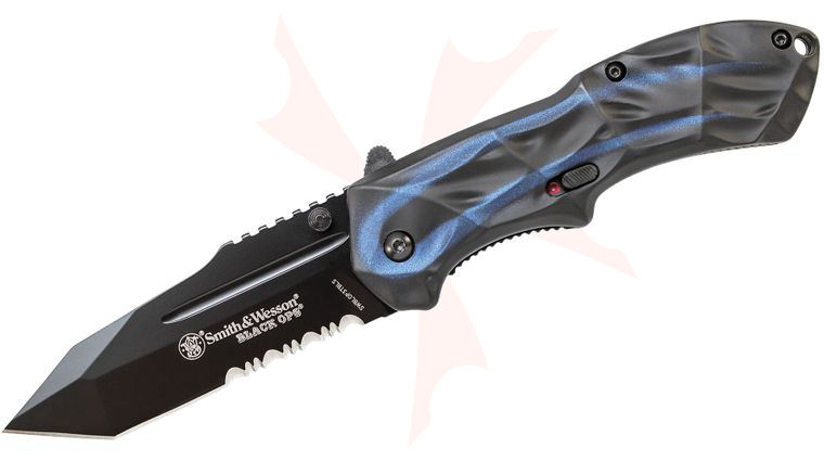 Smith & Wesson Black Ops 3 MAGIC Assisted Flipper Knife 3.4 inch Black Combo Tanto Blade, Smoked Blue/Black Aluminum Handles