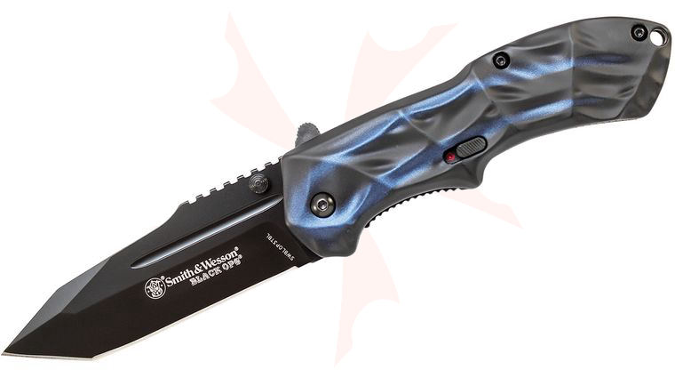 Smith & Wesson Black Ops MAGIC Assisted Flipper Knife 3.4 inch Black Plain Tanto Blade, Smoked Blue/Black Aluminum Handles
