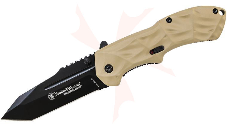 Smith & Wesson Black Ops 3 MAGIC Assisted Flipper Knife 3.4 inch Black Plain Tanto Blade, Desert Tan Aluminum Handles