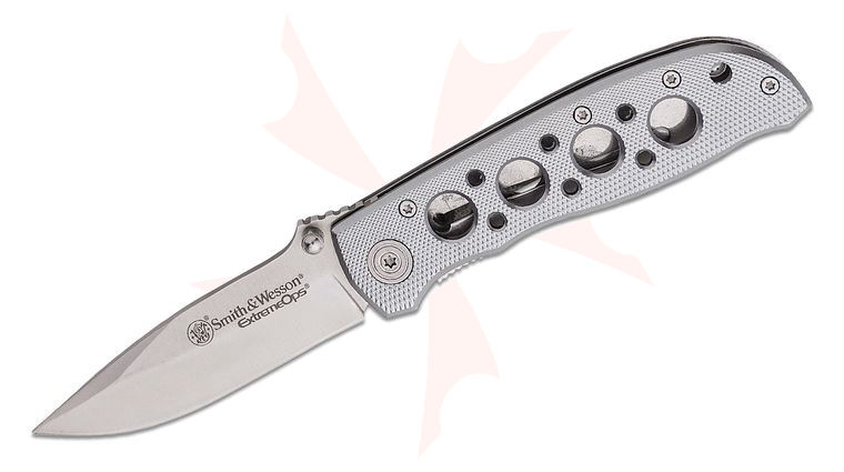 Smith & Wesson Extreme Ops Liner Lock Folding Knife 3.22 inch Satin Drop Point Blade, Skeletonized Silver Aluminum Handles