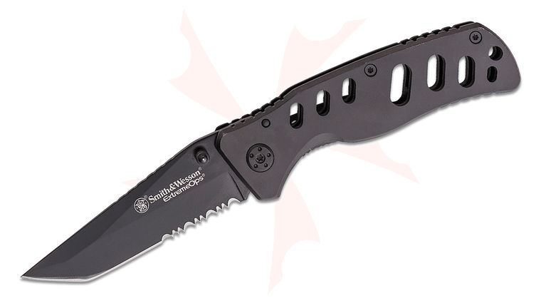 Smith & Wesson Extreme Ops Tanto Folding Knife 3.38 inch Black Tanto Combo Blade, Black Skeletonized Stainless Steel Handles
