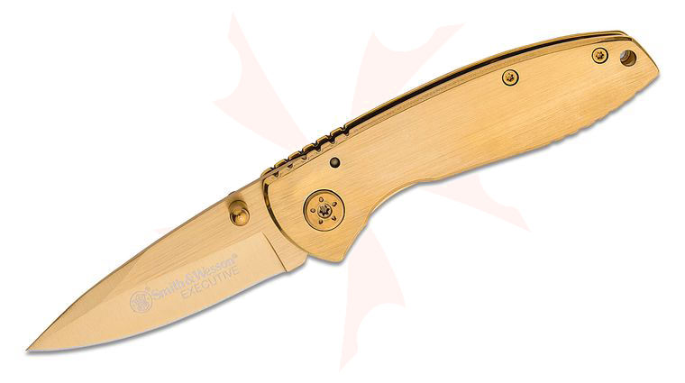 Smith & Wesson Executive Folding Knife 2.8 inch Gold TiNi Drop Point Blade, Gold TiNi Steel Handles