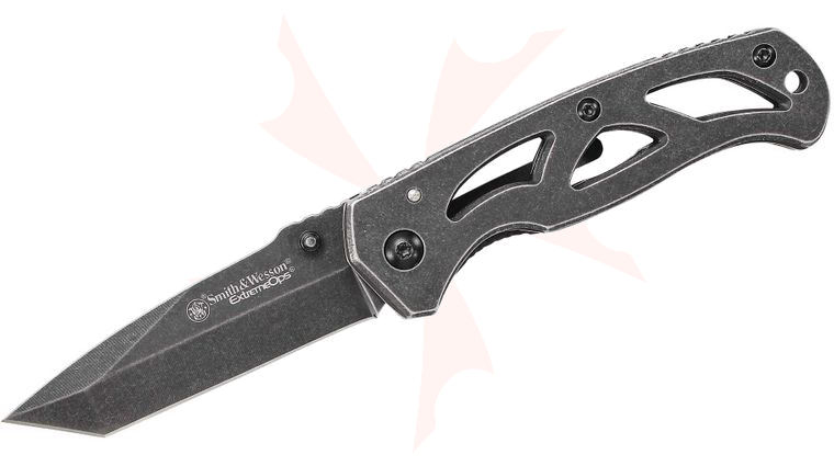 Smith & Wesson CK404 Extreme Ops Folding Knife 2-3/4 inch Black Stonewash Plain Tanto Blade, Stainless Steel Handles