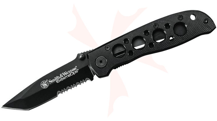 Smith & Wesson Extreme Ops Folding Knife 3.2 inch Black Combo Tanto Blade, Black Aluminum Handles