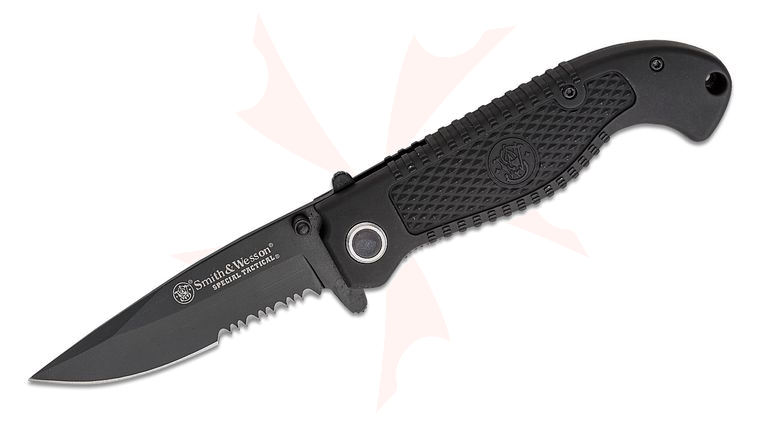 Smith & Wesson CKTACBSD Special Tactical Flipper Knife 3.5 inch Black Combo Drop Point Blade, Black ABS Handles