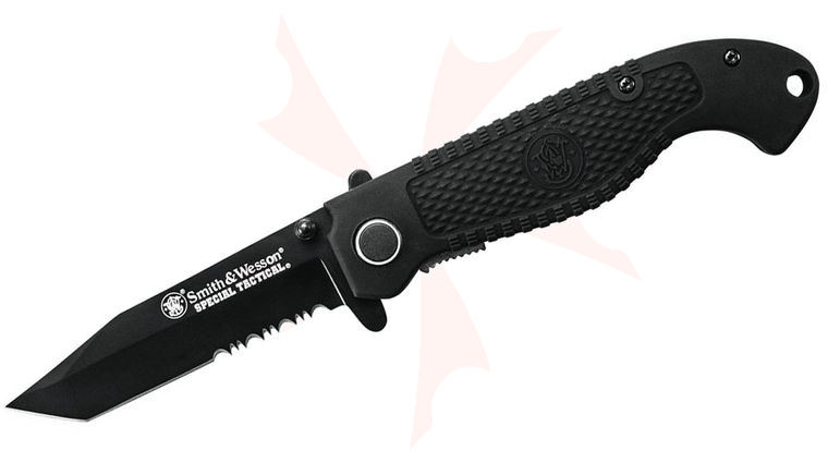 Smith & Wesson CKTACBS Special Tactical Flipper Knife 3.5 inch Black Tanto Combo Blade, ABS Handles