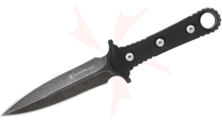Smith & Wesson SWF606 Boot Knife Fixed 4.4 inch Black Stonewashed Double Edge Blade, Thermoplastic Elastomer Handles, Leather Sheath