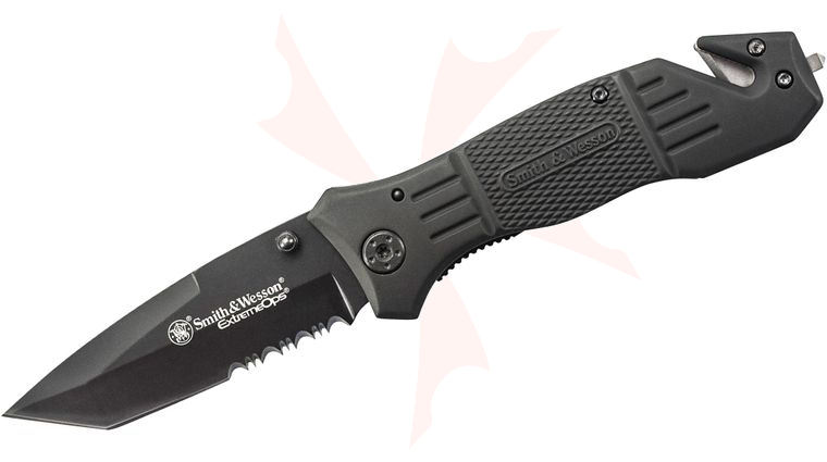Smith & Wesson Extreme Ops First Response Rescue Folding Knife 3.3 inch Black Tanto Combo Blade, Rubber Coated Aluminum Handles