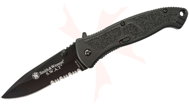 Smith & Wesson Large SWAT MAGIC Assisted Folding Knife 3.7 inch Combo Blade, Black, Aluminum Handles with Grip Inserts
