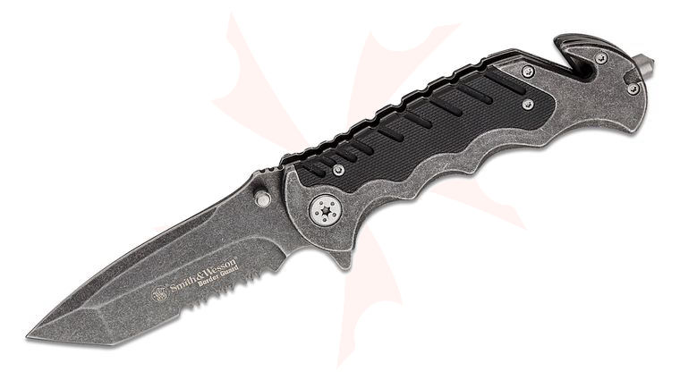 Smith & Wesson Border Guard SWBG10S Folding Knife 3.5 inch Black Tanto Combo Blade, Black Steel Handles with Black G10 Inserts