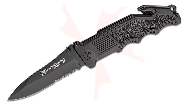 Smith & Wesson Border Guard SWBG1S Folding Knife 4.3 inch Black Drop Point Combo Blade, Black Aluminum Handles with Track Tech Inserts