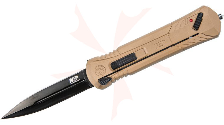 Smith & Wesson MPOTF10FDE OTF Assisted Knife 3.5 inch Black Double Edge Blade, FDE Aluminum Handles
