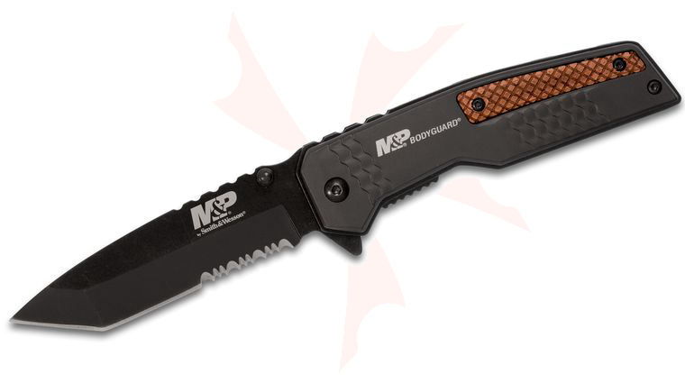 Smith & Wesson M&P Bodyguard Flipper Knife 3.625 inch Black Combo Tanto Blade, Black Aluminum Handles with Wood Inserts