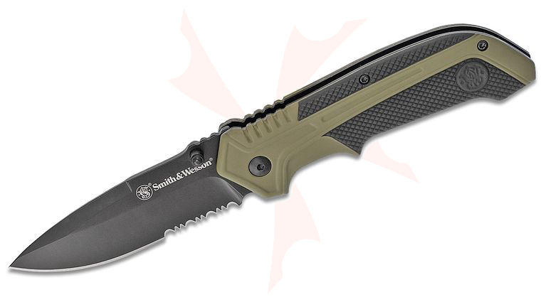 Smith & Wesson Spring Assisted Folding Knife 3.23 inch Black Oxide Combo Blade, Rubberized OD Green Aluminum Handles