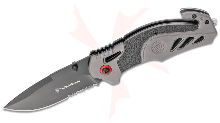 Smith & Wesson Spring Assisted Rescue Folding Knife 3.27 inch Black Oxide Combo Blade, Rubberized Aluminum Handles