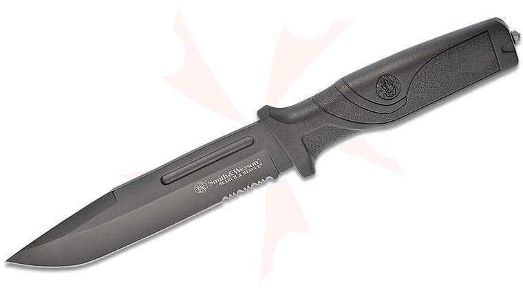 Smith & Wesson Search & Rescue Fixed Blade Knife 5.94 inch 8Cr13MoV Black Oxide Coated Combo Drop Point, Rubber Handles