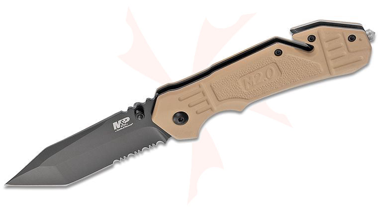 Smith & Wesson M2.0 M&P Rescue Folding Knife 3.27 inch Black Oxide Coated Tanto Combo Blade, Tan Rubberized Aluminum Handles