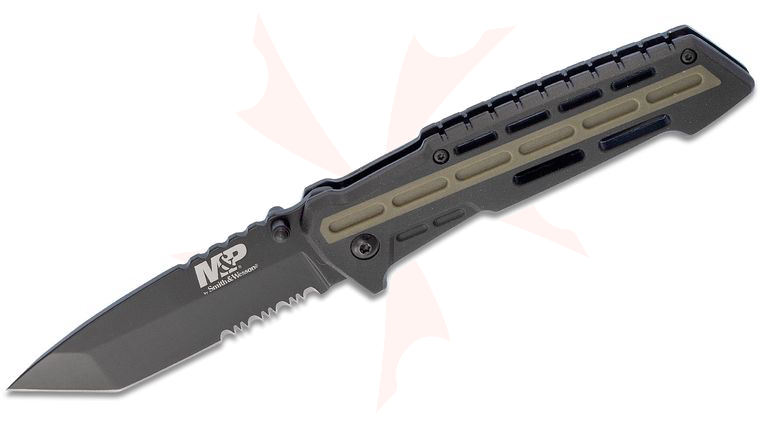 Smith & Wesson M&P Folding Knife 3.43 inch Black Tanto Combo Blade, OD Green/Black Overmolded Zytel Handles