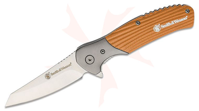 Smith & Wesson Stave Flipper Knife 3.3 inch Satin Reverse Tanto Blade, Tan G10 Handles with Stainless Steel Bolsters