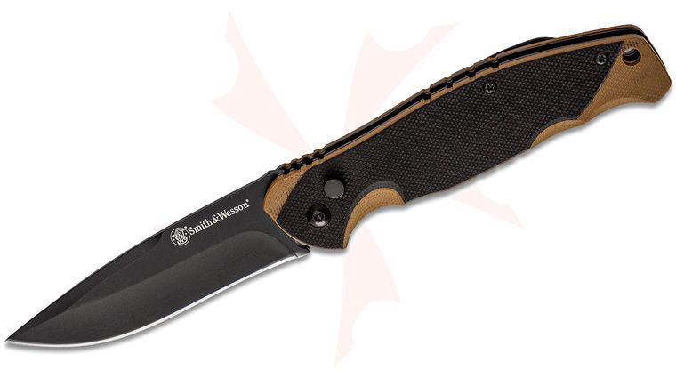 Smith & Wesson Freelancer Folding Knife 3.5 inch Black Drop Point Blade, Black/Tan G10 Handles