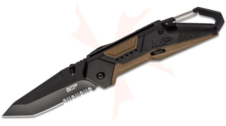 Smith & Wesson M&P Repo Assisted Opening Flipper Knife 3.5 inch Black Tanto Combo Blade, Tan Aluminum Handles with Rubber Overmold