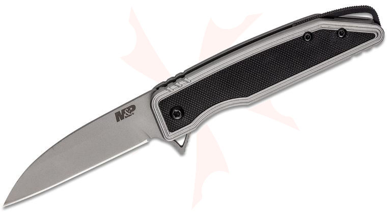 Smith & Wesson M&P Sear Assisted Opening Flipper Knife 2.9 inch Satin Wharncliffe Blade, Stainless Steel Handles with Black G10 Inserts