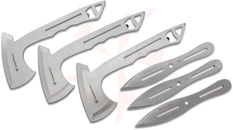 Smith & Wesson Thrower Combo Pack, Axe and Knife Six Pack Set, One-Piece Stainless Steel Construction, Nylon Sheaths