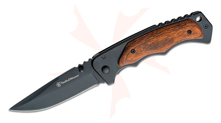 Smith & Wesson Folding Knife 3.7 inch Black Drop Point Blade, Black Stainless Steel Handles with Wood Onlays