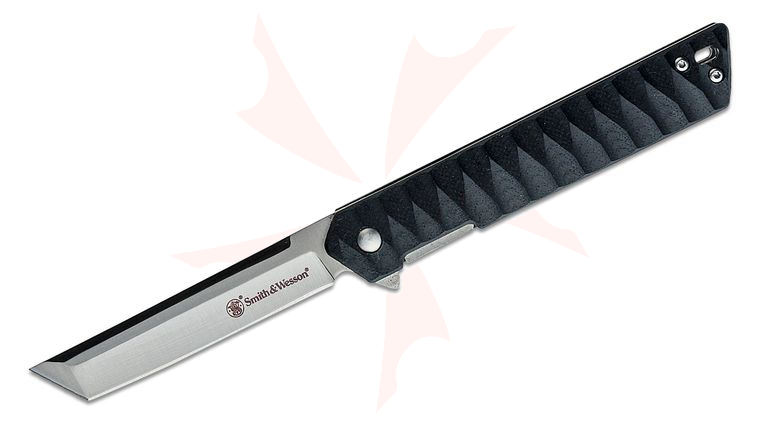 Smith & Wesson 24-7 Tanto Flipper Knife 3.5 inch 8Cr13MoV Satin Tanto Blade, Textured Black G10