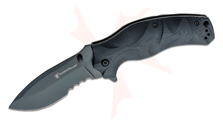 Smith & Wesson Black Ops Recurve Assisted Flipper Knife 3.5 inch Black Combo Recurve Blade, Black G10 Handles
