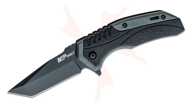 Smith & Wesson M&P Shield Assisted Flipper Knife 2.8 inch Black Tanto Blade, Gray Polymer Handles with Rubber Overmold