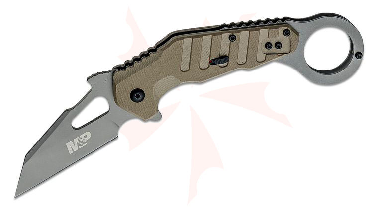 Smith & Wesson M&P Extreme Ops Karambit Flipper Knife 3 inch Gray Wharncliffe Blade, Tan G10 Handles with Pinky Ring