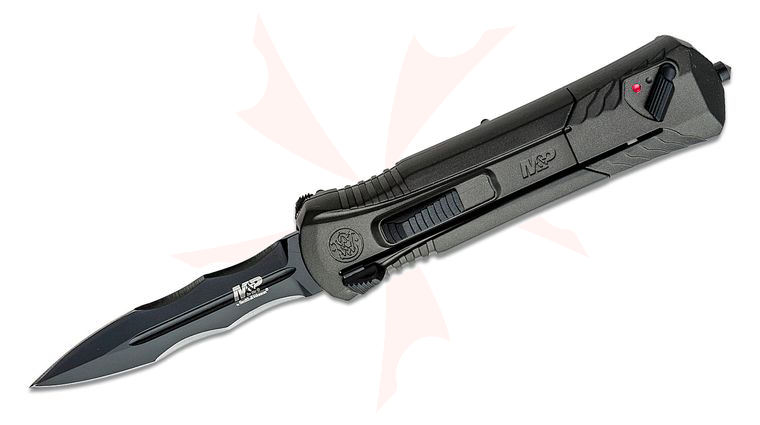 Smith & Wesson MPOTF10 OTF Assisted Knife 3.5 inch AUS-8 Black/Gray Serrated Double Edge Blade, Black Aluminum Handles