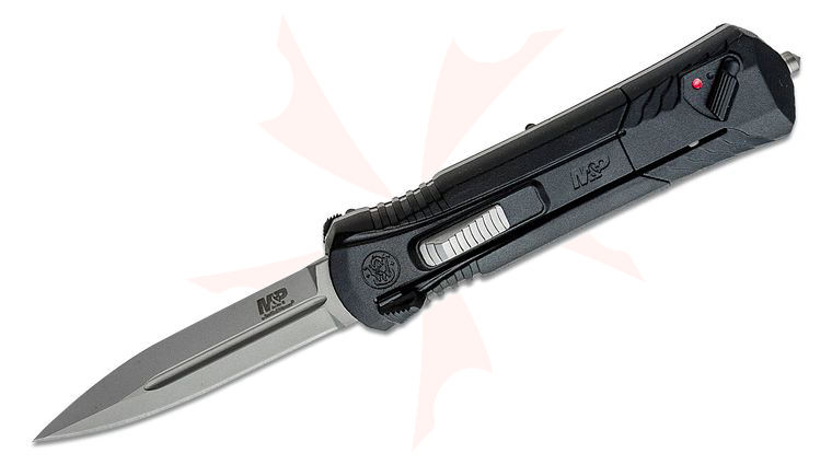 Smith & Wesson MPOTF10 OTF Assisted Knife 3.5 inch AUS-8 Bead Blasted Spear Point Blade, Black Aluminum Handles