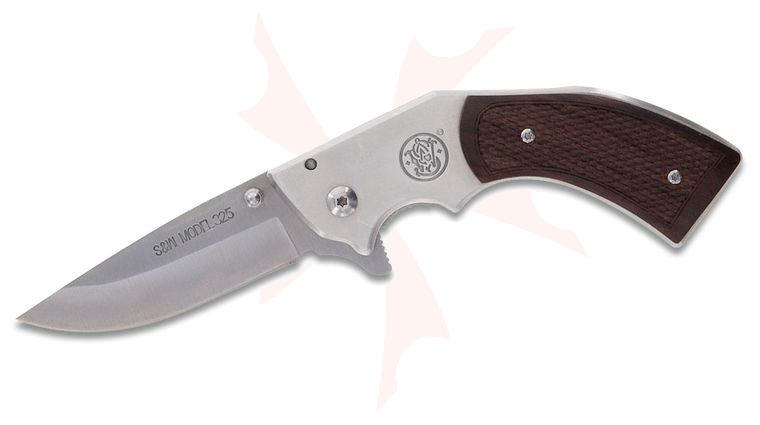 Smith & Wesson M325 Revolver Flipper Knife 3 inch Satin Drop Point Blade, Wooden Revolver Grip Handles