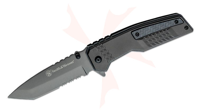 Smith & Wesson Spec Ops Carbon Assisted Flipper Knife 3.5 inch Gray Combo Tanto Blade, Dark Green Aluminum Handles with Carbon Fiber Inserts
