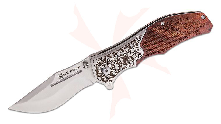 Smith & Wesson Unwavered Assisted Flipper Knife 3.25 inch Satin Modified Clip Point Blade, Engraved Wood and Stainless Steel Handles