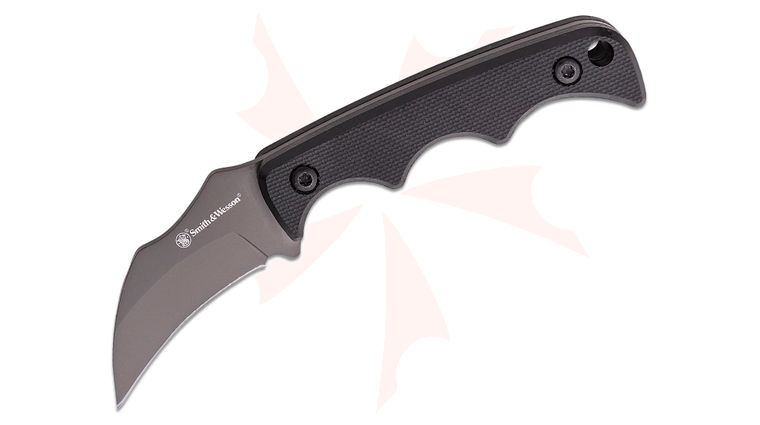 Smith & Wesson H.R.T. Hawkbill Neck Knife 2 inch Black TiNi Hawkbill Blade, Black G10 Handles, Molded Sheath