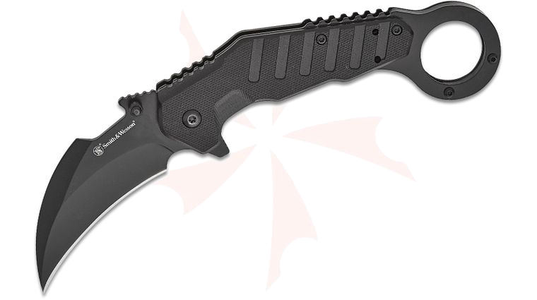 Smith & Wesson Extreme Ops Assisted Karambit Flipper Knife 3 inch 8Cr Black Hawkbill Blade, Black G10 Handles with Pinky Ring