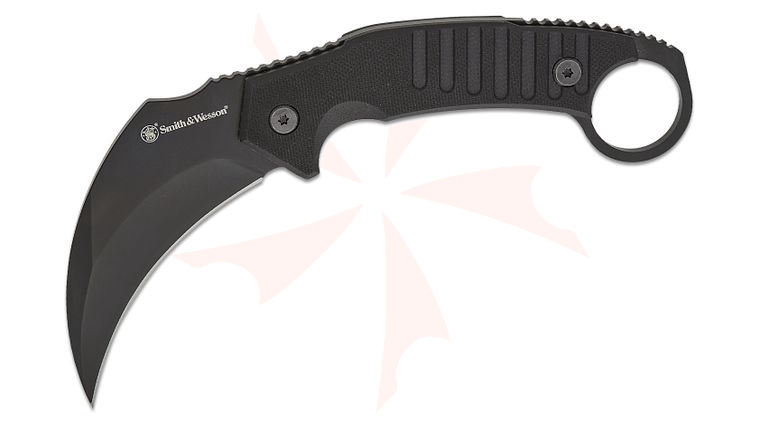 Smith & Wesson Extreme Ops Karambit Fixed Blade Knife 3.25 inch 8Cr Black Hawkbill Blade, Black G10 Handles with Pinky Ring, Polymer Molded Sheath
