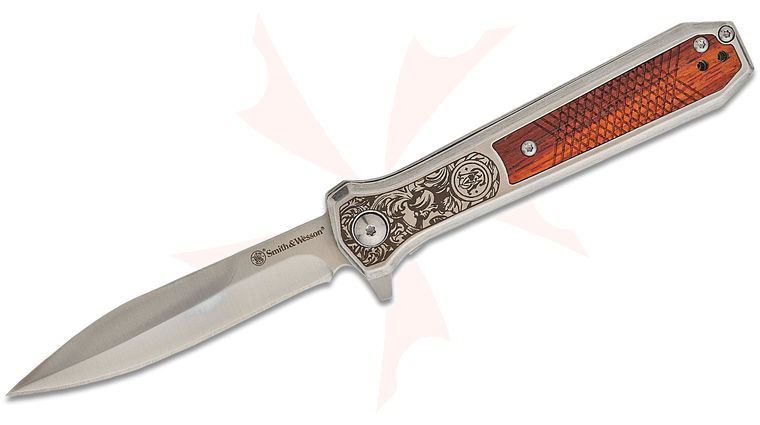 Smith & Wesson Unwavered Assisted Liner Lock Flipper Knife 3.50 inch Satin Dagger Blade, Engraved Stainless Steel Handles with Rosewood Inlays
