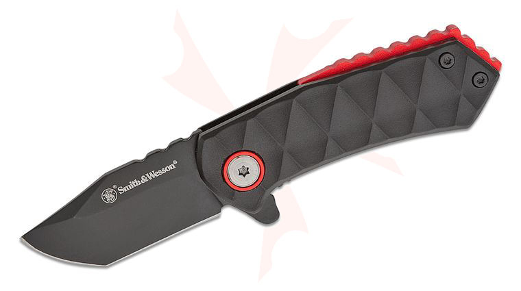 Smith & Wesson 24-7 Spring Assisted Flipper Knife 1.9 inch Black Modified Tanto Blade, Milled Black Aluminum Handles w/ Red Backspacer