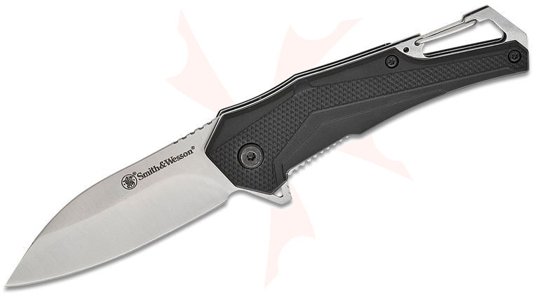 Smith & Wesson Oasis Carabiner Flipper Knife 3 inch 8Cr Satin Drop Point Blade, Black Aluminum Handles with Carabiner
