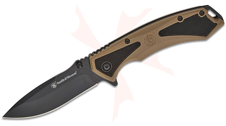 Smith & Wesson Extreme Ops Spring Assist Drop Point Flipper Knife 3.25 inch 7Cr Black Plain Blade, Tan and Black Polymer Handles